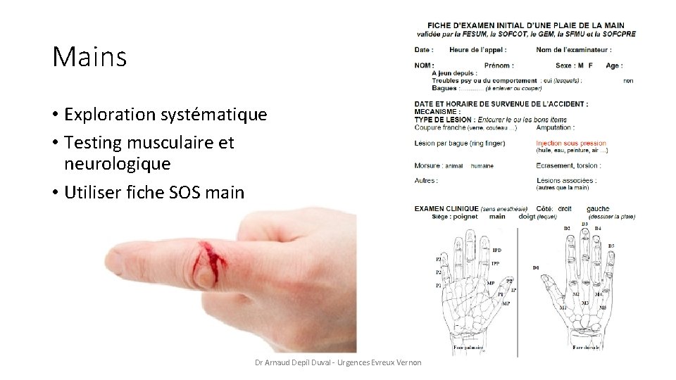 Mains • Exploration systématique • Testing musculaire et neurologique • Utiliser fiche SOS main
