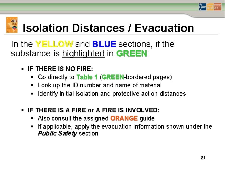 Isolation Distances / Evacuation In the YELLOW and BLUE sections, if the substance is