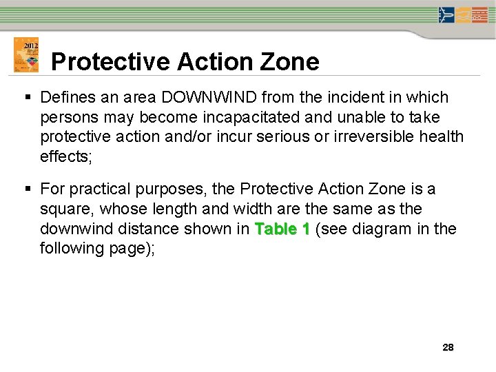 Protective Action Zone § Defines an area DOWNWIND from the incident in which persons