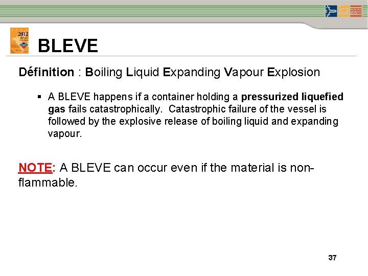 BLEVE Définition : Boiling Liquid Expanding Vapour Explosion § A BLEVE happens if a