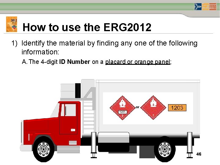 How to use the ERG 2012 1) Identify the material by finding any one