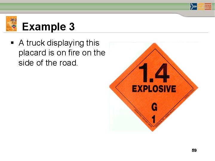 Example 3 § A truck displaying this placard is on fire on the side