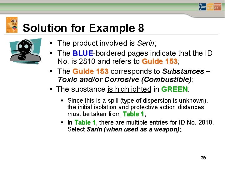 Solution for Example 8 § The product involved is Sarin; § The BLUE-bordered pages