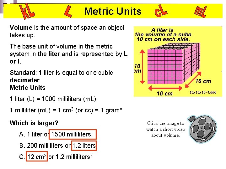 Metric Units Volume is the amount of space an object takes up. The base