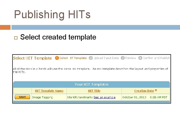 Publishing HITs Select created template 