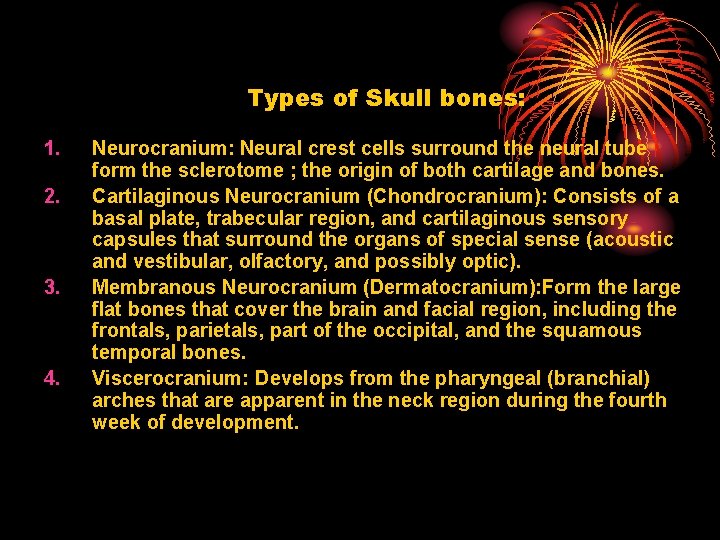 Types of Skull bones: 1. 2. 3. 4. Neurocranium: Neural crest cells surround the