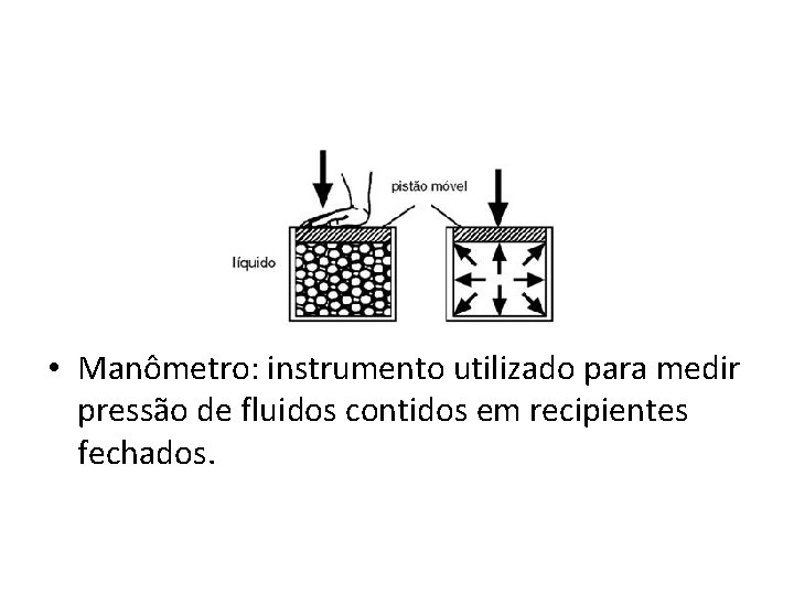  • Manômetro: instrumento utilizado para medir pressão de fluidos contidos em recipientes fechados.
