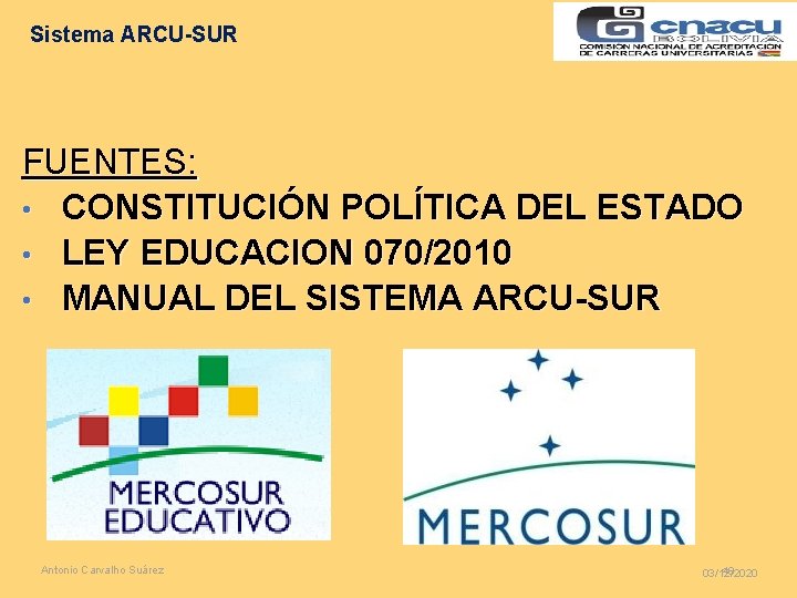 Sistema ARCU-SUR FUENTES: • CONSTITUCIÓN POLÍTICA DEL ESTADO • LEY EDUCACION 070/2010 • MANUAL