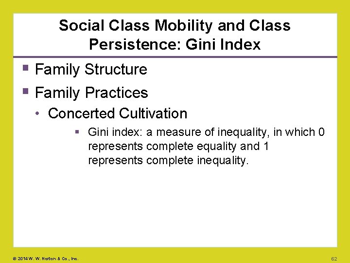 Social Class Mobility and Class Persistence: Gini Index Family Structure Family Practices • Concerted