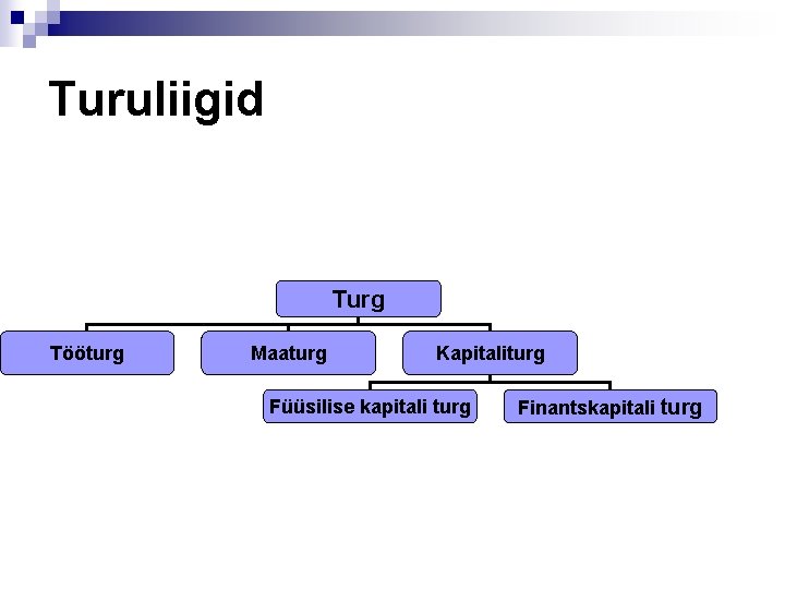 Turuliigid Turg Tööturg Maaturg Kapitaliturg Füüsilise kapitali turg Finantskapitali turg 