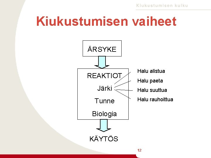 Kiukustumisen vaiheet ÄRSYKE REAKTIOT Järki Tunne Halu alistua Halu paeta Halu suuttua Halu rauhoittua