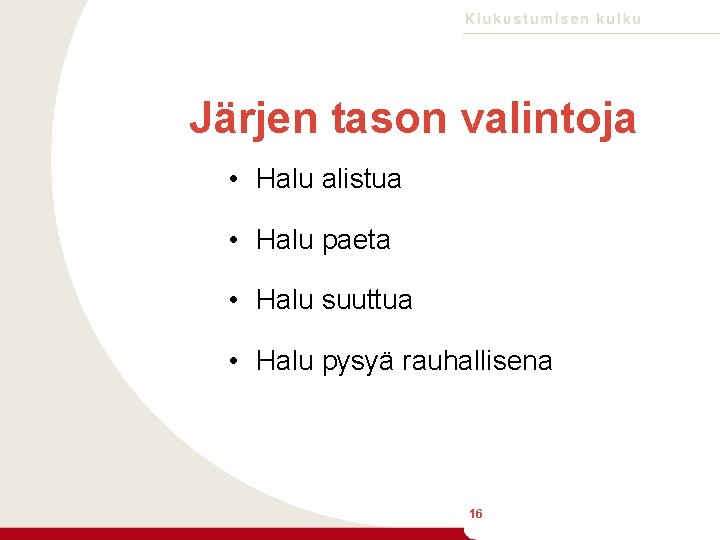 Järjen tason valintoja • Halu alistua • Halu paeta • Halu suuttua • Halu