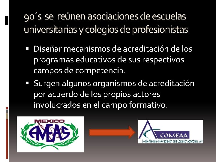 90´s se reúnen asociaciones de escuelas universitarias y colegios de profesionistas Diseñar mecanismos de