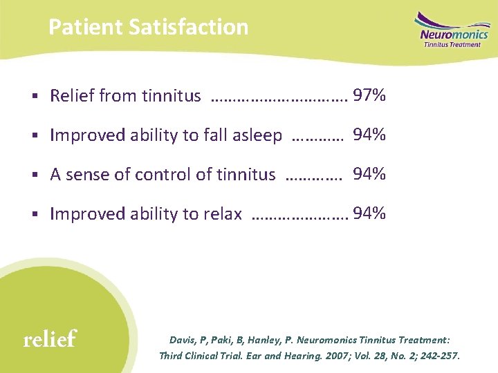 Patient Satisfaction § Relief from tinnitus ……………. 97% § Improved ability to fall asleep