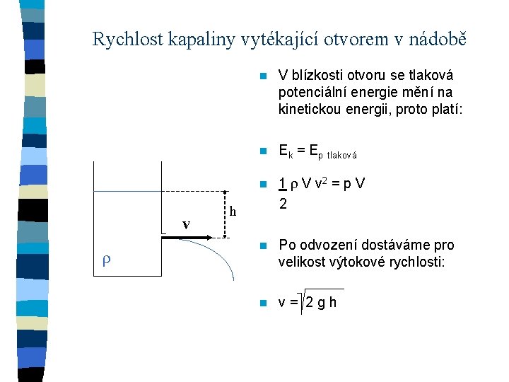 Rychlost kapaliny vytékající otvorem v nádobě v n V blízkosti otvoru se tlaková potenciální