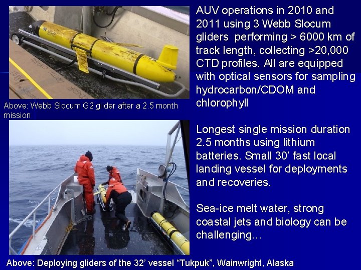 Above: Webb Slocum G 2 glider after a 2. 5 month mission AUV operations