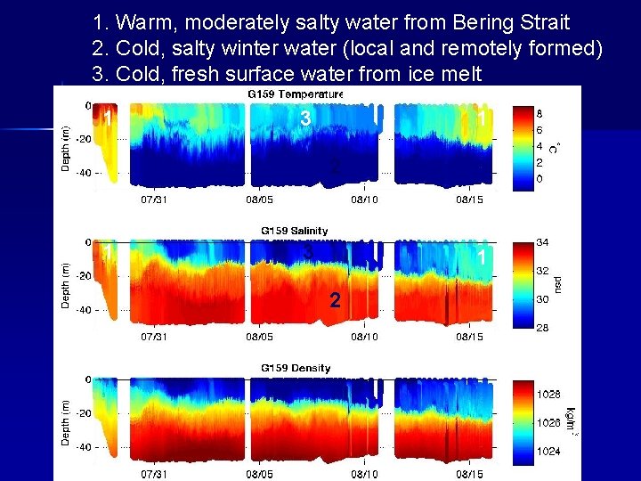 1. Warm, moderately salty water from Bering Strait 2. Cold, salty winter water (local