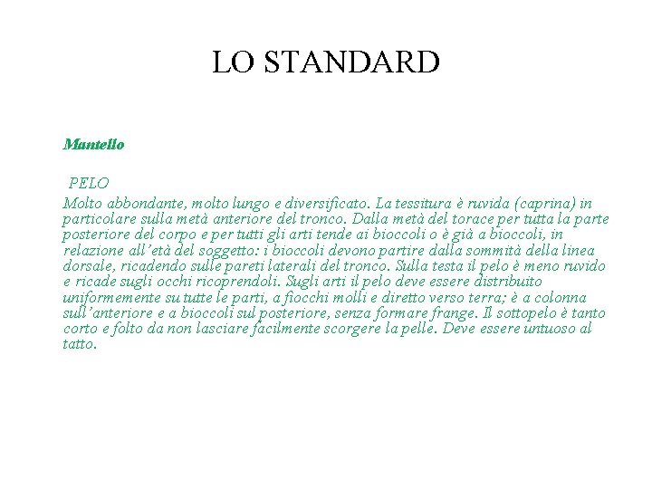 LO STANDARD Mantello PELO Molto abbondante, molto lungo e diversificato. La tessitura è ruvida