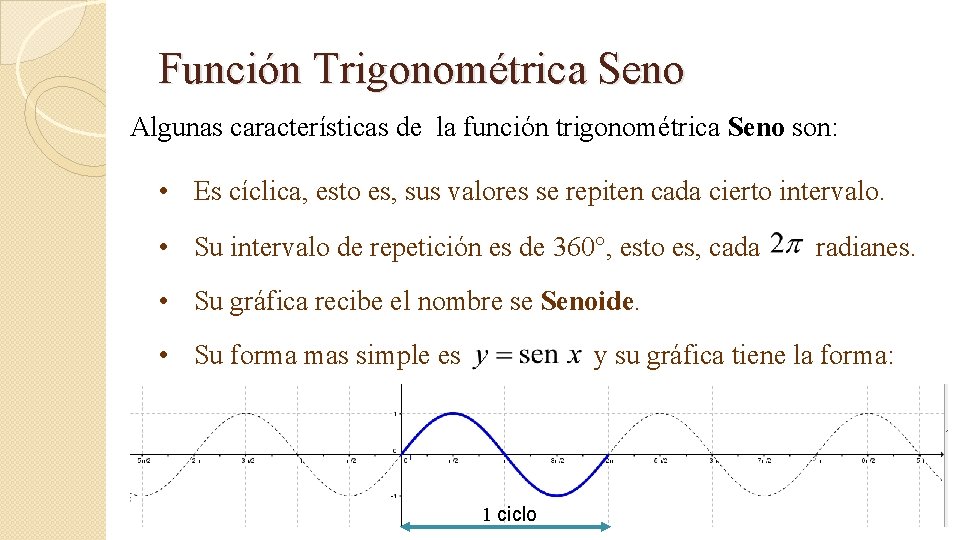 Función Trigonométrica Seno Algunas características de la función trigonométrica Seno son: • Es cíclica, Función Trigonométrica Seno Algunas características de la función trigonométrica Seno son: • Es cíclica,