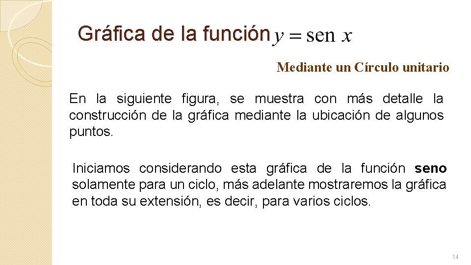 Gráfica de la función Mediante un Círculo unitario En la siguiente figura, se muestra Gráfica de la función Mediante un Círculo unitario En la siguiente figura, se muestra
