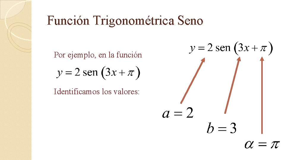 Función Trigonométrica Seno Por ejemplo, en la función Identificamos los valores: Función Trigonométrica Seno Por ejemplo, en la función Identificamos los valores: