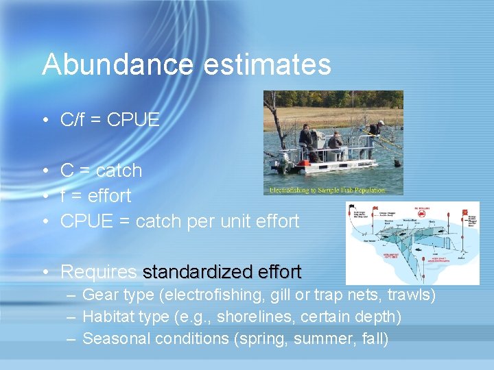 Abundance estimates • C/f = CPUE • C = catch • f = effort