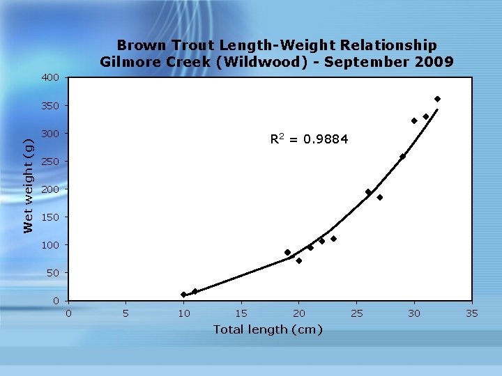 Brown Trout Length-Weight Relationship Gilmore Creek (Wildwood) - September 2009 400 Wet weight (g)