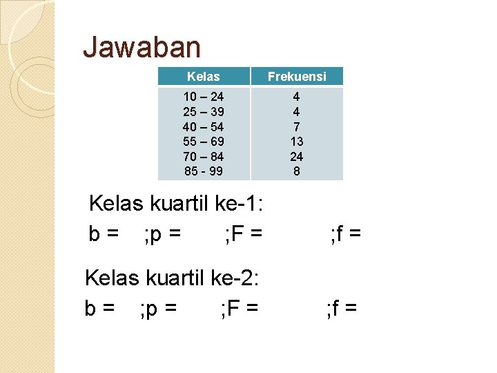 Jawaban Kelas Frekuensi 10 – 24 25 – 39 40 – 54 55 –