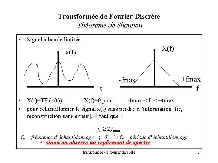 Transformée de Fourier Discrète Théorème de Shannon • Signal à bande limitée X(f) x(t)