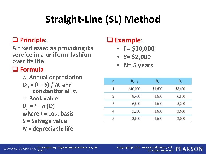 Straight-Line (SL) Method q Principle: A fixed asset as providing its service in a