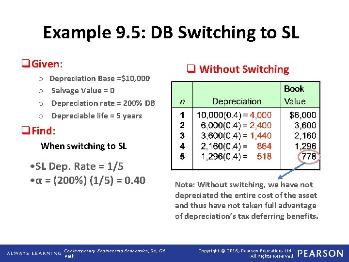 Example 9. 5: DB Switching to SL q. Given: o o Depreciation Base =$10,