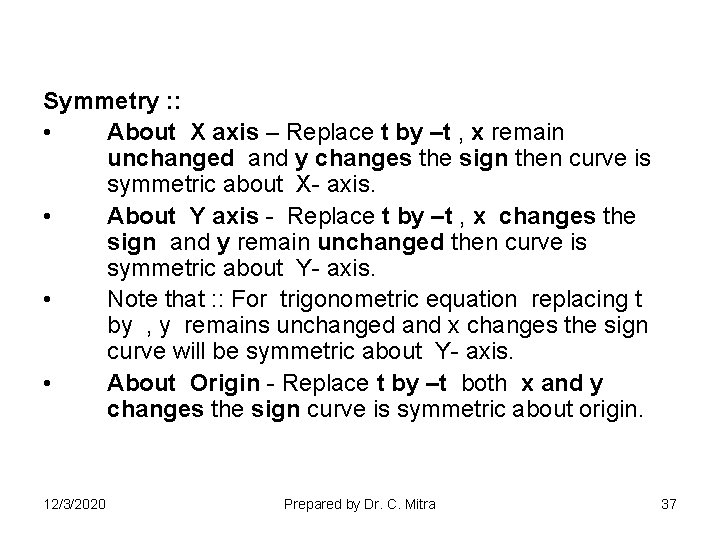 Symmetry : : • About X axis – Replace t by –t , x