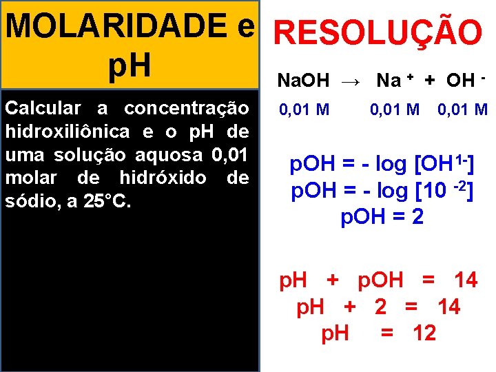 MOLARIDADE e RESOLUÇÃO p. H Na. OH → Na + OH + - Calcular