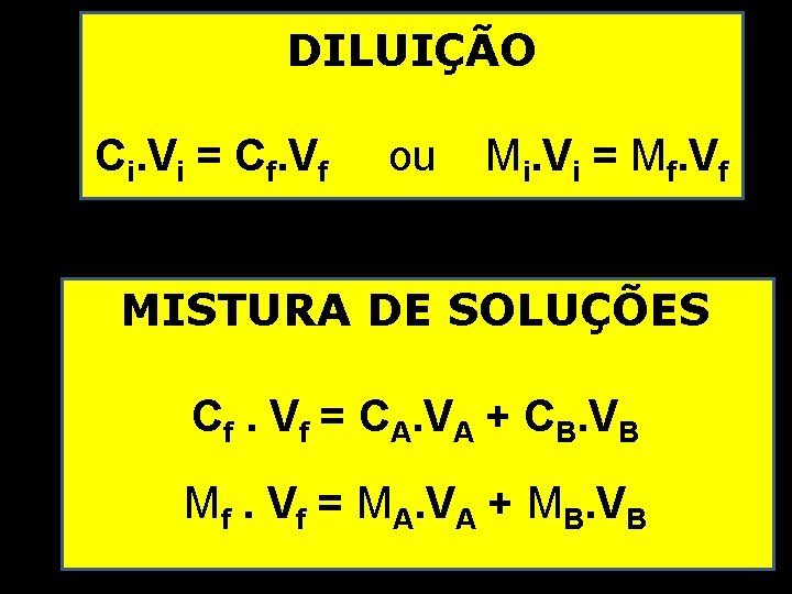 DILUIÇÃO Ci. Vi = Cf. Vf ou Mi. Vi = Mf. Vf MISTURA DE