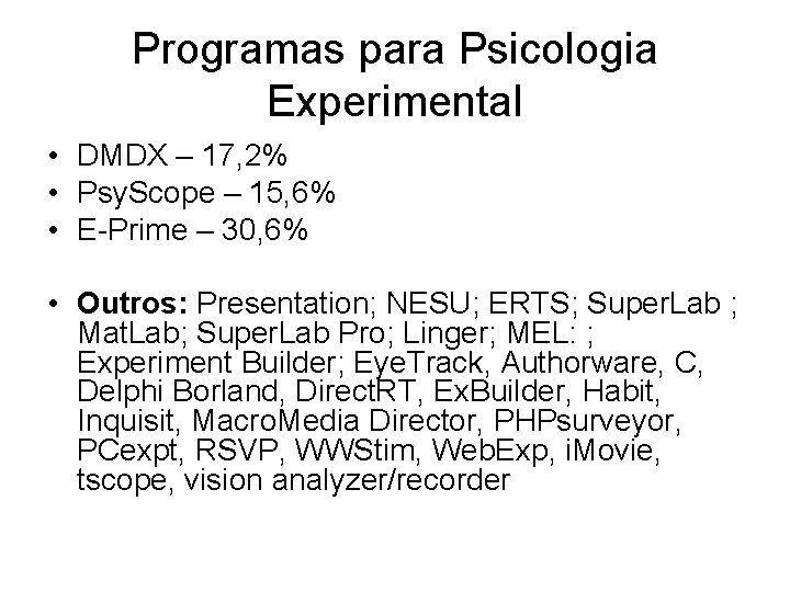 Programas para Psicologia Experimental • DMDX – 17, 2% • Psy. Scope – 15,