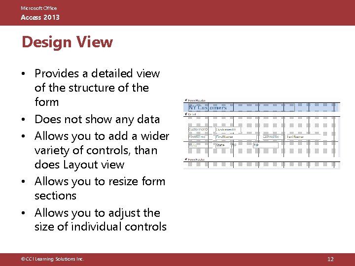 Microsoft Office Access 2013 Design View • Provides a detailed view of the structure