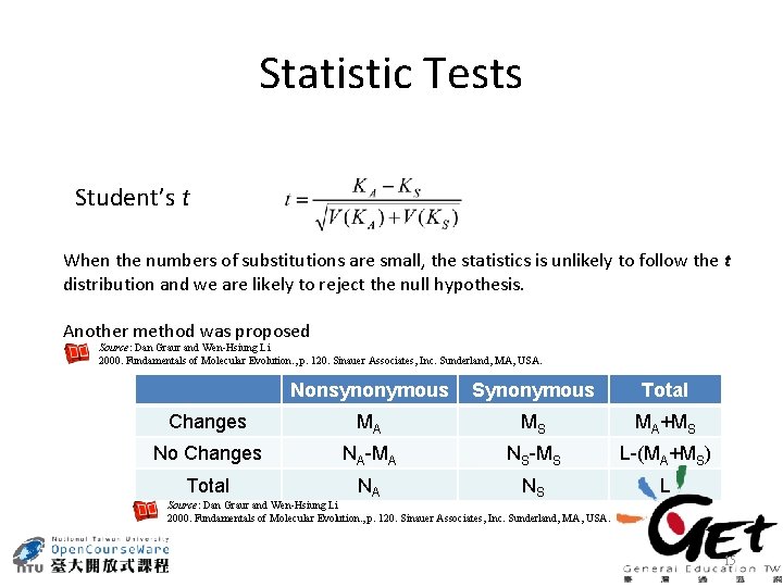 Statistic Tests Student’s t When the numbers of substitutions are small, the statistics is