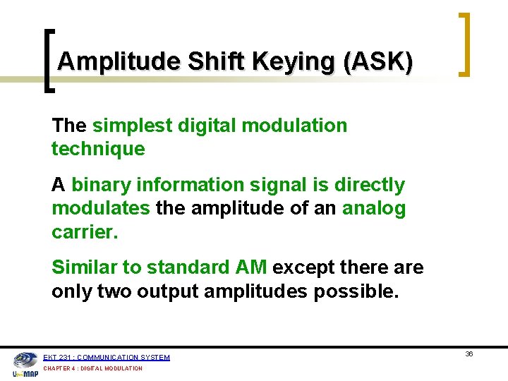 Amplitude Shift Keying (ASK) The simplest digital modulation technique A binary information signal is Amplitude Shift Keying (ASK) The simplest digital modulation technique A binary information signal is
