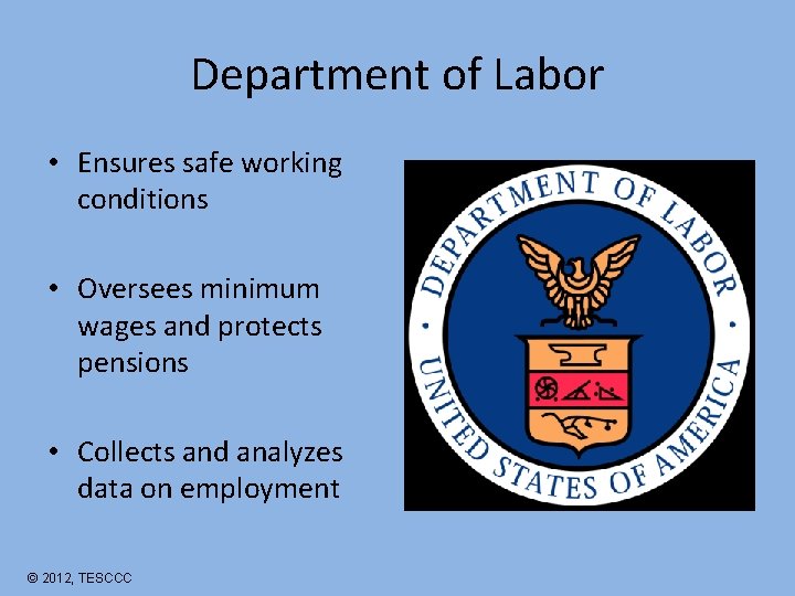 Department of Labor • Ensures safe working conditions • Oversees minimum wages and protects