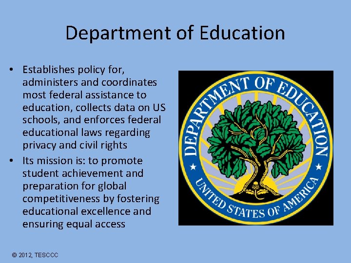 Department of Education • Establishes policy for, administers and coordinates most federal assistance to