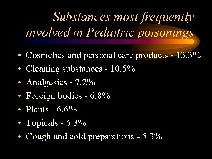 Substances most frequently involved in Pediatric poisonings • • Cosmetics and personal care products