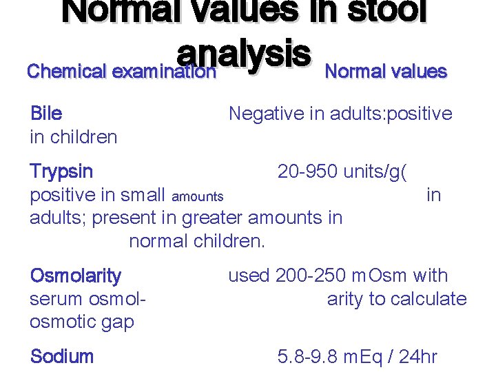 Normal values in stool analysis Chemical examination Normal values Bile in children Negative in