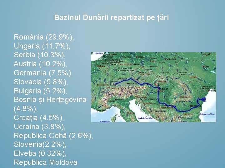 Bazinul Dunării repartizat pe țări România (29. 9%), Ungaria (11. 7%), Serbia (10. 3%),