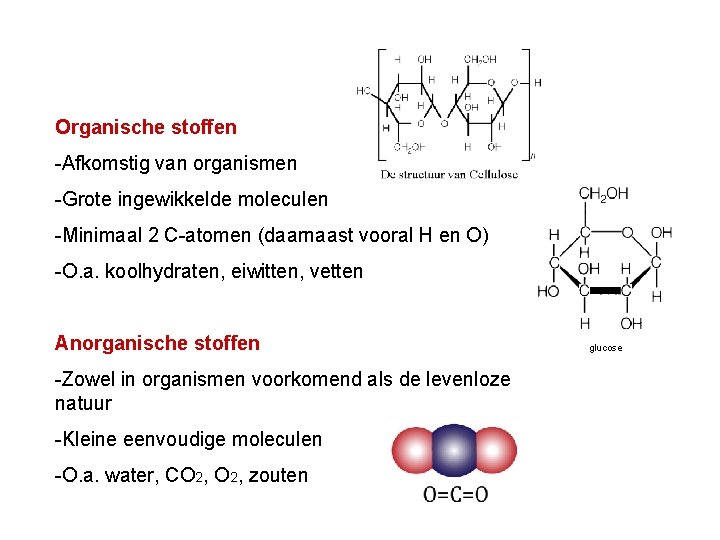 Organische stoffen -Afkomstig van organismen -Grote ingewikkelde moleculen -Minimaal 2 C-atomen (daarnaast vooral H