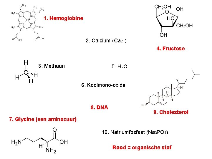 1. Hemoglobine 2. Calcium (Ca 2+) 4. Fructose 3. Methaan 5. H 2 O