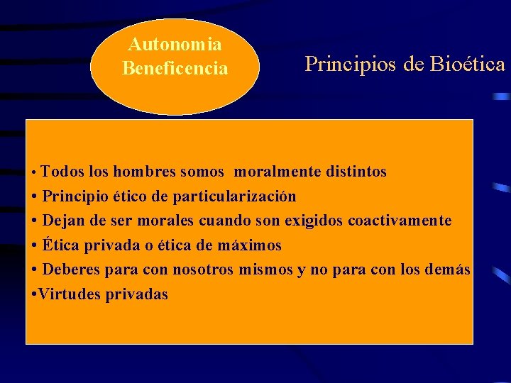 Autonomia Beneficencia Principios de Bioética • Todos los hombres somos moralmente distintos • Principio