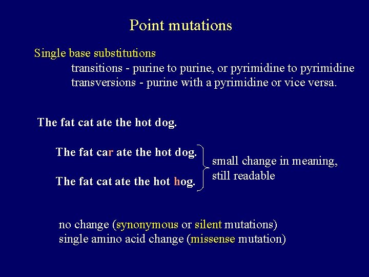 Point mutations Single base substitutions transitions - purine to purine, or pyrimidine to pyrimidine