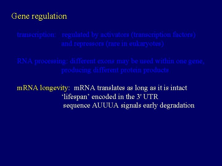 Gene regulation transcription: regulated by activators (transcription factors) and repressors (rare in eukaryotes) RNA