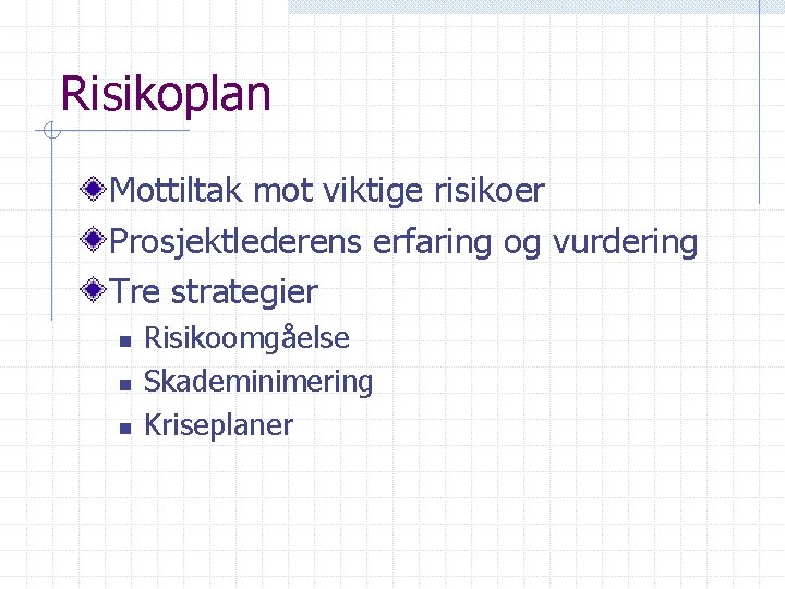 Risikoplan Mottiltak mot viktige risikoer Prosjektlederens erfaring og vurdering Tre strategier n n n