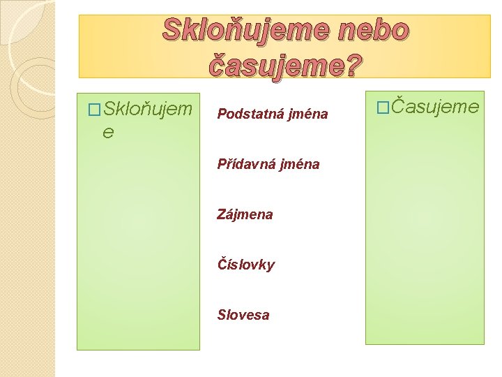 Skloňujeme nebo časujeme? �Skloňujem e Podstatná jména Přídavná jména Zájmena Číslovky Slovesa �Časujeme 